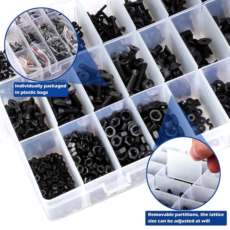 JROUTH 1500pcs Screws Assortment , M2 M3 M4 M5 10.9 Grade Alloy Steel Hex Flat Head Cap Bolts Nuts Washers Assortment Kit with Hex Wrenches, A Black Hex Flat Head Cap Bolts, (M2-M5-1500) - Image 5